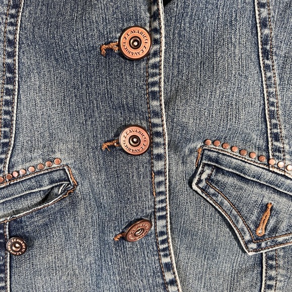 Z Cavaricci Jacket Womens Medium Blue Denim Fitted Blazer Studded Pockets Button - Picture 6 of 9